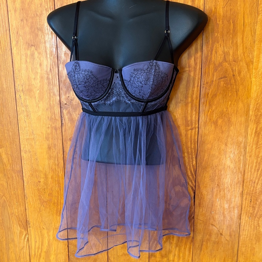 Victoria's Secret Sheer Lace Babydoll Chemise in Purple 34C Matching Panty XS